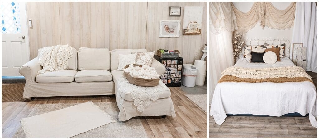 Couch and bedroom set inside Minnesota studio